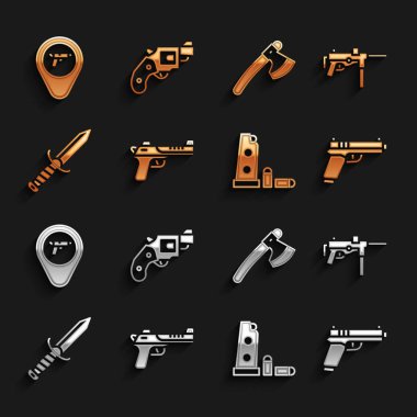 Çöl Kartalı Tabancası, Submachine M3, Pistol veya, Gun şarjörü ve mermiler, askeri bıçak, tahta balta, silahlı konum ve küçük revolver ikonu. Vektör