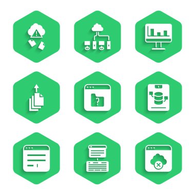 Dosya kayıp, Sunucu, Veri, Web Sunucusu, Başarısız Erişim Bulutu depolama, Tarayıcı penceresi, Aktarma, Grafik grafiği ve Bulut hack simgesi ile İzleyiciyi ayarla. Vektör