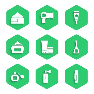 Krem veya losyon kozmetik tüpü, parfüm, Mascara fırçası, tırnak cilası şişesi ve ikon. Vektör