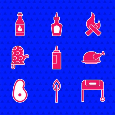 Sos şişesi, ateşte yanan kibrit, ızgara ızgara hindi ya da tavuk, biftek eti, fırın eldiveni, kamp ateşi ve acı sos ikonu. Vektör