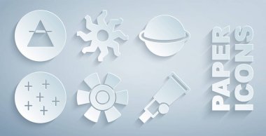 Güneş, Satürn Gezegeni, Dolunay, Teleskop ve Hava element simgesi. Vektör