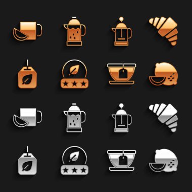 Çay yaprağı, kruvasan, limon, çay poşeti, Fransız presi, limon ve ikon. Vektör