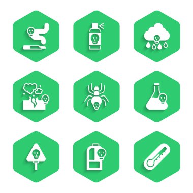Zehirli örümcek, zehirli sıvı, termometre, kemik ve kafatası, gaz ya da duman bulutu asit yağmuru ve sigara ikonu koyun. Vektör