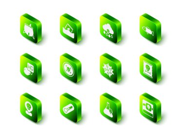 Fıçıya radyoaktif atık, asit yağmuru, kirpi balığı, zehir, bakteri, zehirli sıvı ve termometre ikonu içeren bir kitap koyun. Vektör