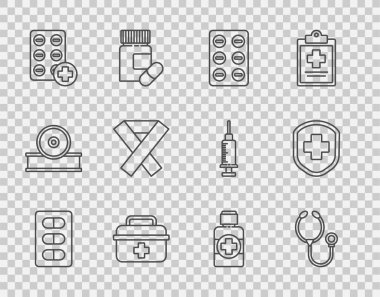 Çizgi hapları su toplaması, steteskop, ilk yardım çantası, farkındalık kurdelesi, ilaç şurubu şişesi ve haç ikonlu tıbbi kalkan koyun. Vektör