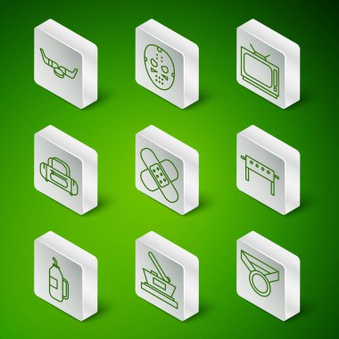 Set hattı madalyası, buz hokeyi kupası şampiyonu, sopa ve puck, çapraz bandaj sıva, spor çantası, hokey maskesi, fitness sallayıcısı ve masa ikonu. Vektör