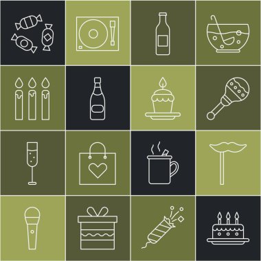 Yakıcı mumlu pasta, çubukta kağıt bıyık, marakas, bira şişesi, şampanya, doğum günü pastası, şeker ve ikon. Vektör