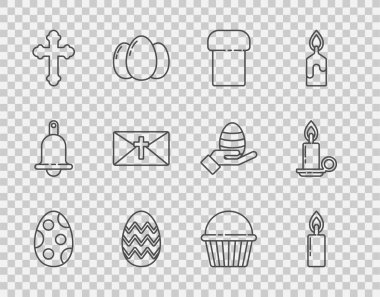 Paskalya yumurtası, yanan mum, pasta, Hıristiyan haçı Happy 'li tebrik kartı ve şamdan ikonu. Vektör