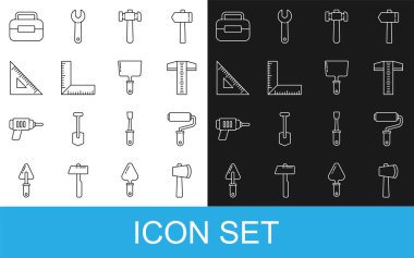 Tahta baltayı, boya fırçasını, T-square hattını, Hammer 'ı, köşe cetveli, üçgen, alet çantası ve macun bıçağı ikonunu yerleştirin. Vektör