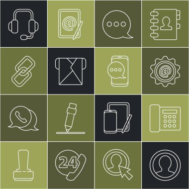 Satır Oluştur hesap ekranı, Telefon, Posta ve e-posta, Konuşma baloncuğu sohbeti, Zarf, Zincir bağlantısı, Kulaklık ve Sohbet ileti bildirim simgesi oluştur. Vektör