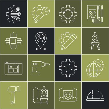 Hat güvenliği kaskı, Dünya Küresi ve teçhizat, çizim pusulası, dişli ok çalışma akışı, anahtar anahtarlı konum, işlemci mikrodevreleri, İşlemci, Algoritma ve Kalem simgesi. Vektör