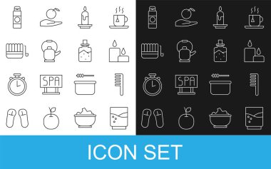 Su, saç fırçası, yanan mum, çaydanlık sapı, sauna kovası kepçesi, krem ya da losyon kozmetik tüpü ve spa tuz ikonu. Vektör