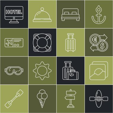 Kano ya da kano, fotoğraf, para değişimi, büyük yatak, Lifebuoy, uçak bileti, online otel rezervasyonu ve bavul ikonu. Vektör