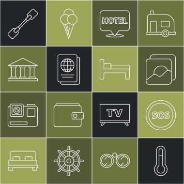 Meteoroloji termometresi, SOS, Fotoğraf, Otel, Pasaport, Müze binası, Paddle ve Yatak ikonlu konum. Vektör