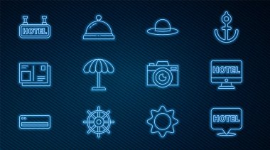Set hattı konum oteli, online rezervasyon, şık kadın şapkası, plaj için güneş koruyucu şemsiye, vize damgalı pasaport, Signboard text Hotel, fotoğraf makinesi ve servis çanı ikonu. Vektör