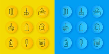 Temizlik malzemesi, duş başlığı, prezervatif, Epilatör, şampuan, pamuklu bez kulak, ıslak mendil ve tırnak makası ikonu. Vektör