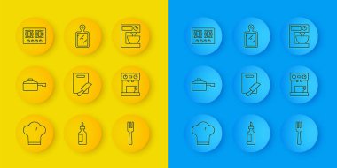 Şef şapkası, kızartma tavası, kesme tahtası ve bıçak, çatal, kahve makinesi, gaz ocağı, elektrikli mikser ve ikon. Vektör