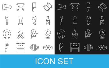 Biftek, ateş alev yanan yer, acı sos, et helikopteri, Pepper, barbekü spatulası ve tavuk budu ikonu. Vektör