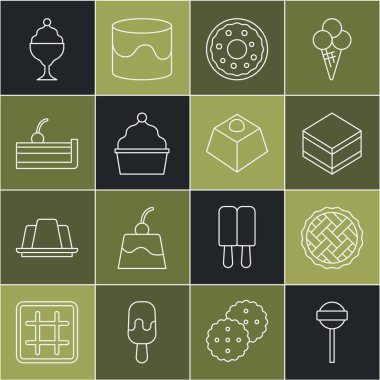 Set hattı, lolipop, ev yapımı turta, çikolatalı kek, çörek, kek, kirazlı cheesecake, kasede dondurma ve ikon. Vektör
