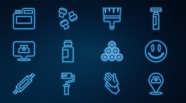 Çizgi boyası sprey kutusu, gülen surat, fırça, boya, gouache, kavanoz, boya, sprey başlık ve kalem ekleme ikonu. Vektör