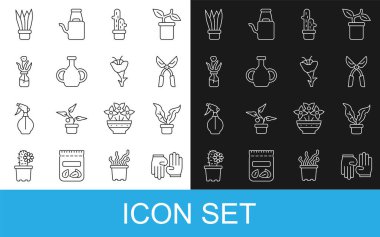 Lastik eldivenler, saksıda bitki, el yapımı makas, kaktüs peyoti, vazo, çiçek cam şişesi ve ikon. Vektör