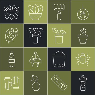 Cam şişedeki çiçek, böcek, tohum kabı, bahçe tırmığı, egzotik tropikal saksı, tropikal yapraklar, kelebek ve bitki ikonu. Vektör