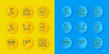 Pul sansürlü, bozuk paralar asgari ücret, suçluların elleri kelepçeler, haberler, protestolar, Caduceus yılan tıbbı, kalp atış hızı ve adliye binası ikonu. Vektör