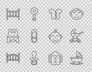 Bebek karyolası, bebek yatağı, bebek arabası, tişört, sahte emzik, broş, şişe ve ikon. Vektör
