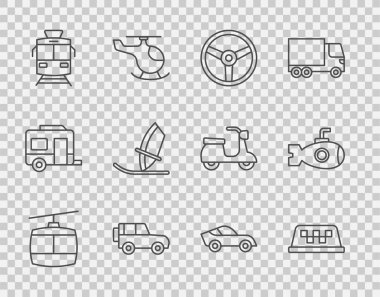 Kablo TV, taksi, direksiyon, off road, tramvay ve demiryolu rüzgar sörfü, araba ve denizaltı ikonu. Vektör