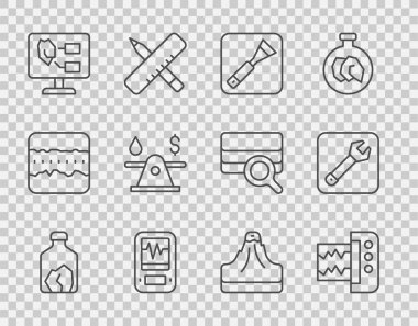 Ore madenciliği, sismograf, boya fırçası, toprak analizi, petrol parası, volkan ve İngiliz anahtarı ikonu. Vektör