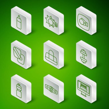 Sıra sıra boks ringi, kemer, kum torbası, spor, antrenman patileri, boks eldiveni, fitness karıştırıcı ve Dumbbell ikonu. Vektör