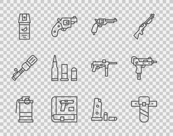 Set Line Grenade Fumigène Étui Couteau Revolver Livre Avec Pistolet — Image vectorielle