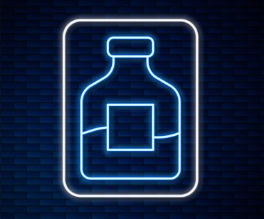 Parlayan neon hattı tuğla duvar arkasında izole edilmiş cam şişe votka ikonu. Vektör