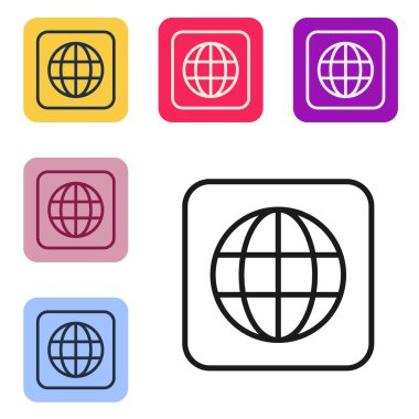Siyah çizgi dünya simgesi beyaz arkaplanda izole edildi. Yerküreye iğnele. Renkli kare düğmelerle simgeleri ayarla. Vektör