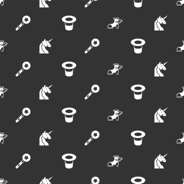 Hermes sandaleti, tek boynuzlu at, sihirli değnek ve şapkayı pürüzsüz bir desene ayarlayın. Vektör