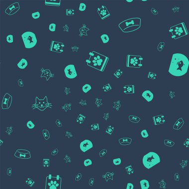 Takvim tımarını, kedi ya da köpek için evcil hayvan yemek kasesini, kusursuz şekilli balıklı kedi ve akvaryumu ayarla. Vektör