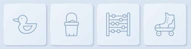 Çizgi, lastik ördek, abaküs, kovadaki kum ve paten. Beyaz kare düğme. Vektör