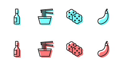 Cracker bisküvisi, Tabasco sosu, kasede Asya eriştesi ve patlıcan ikonu. Vektör