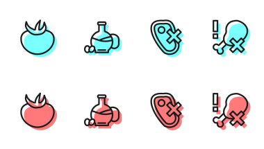 Et yok, domates yok, bir şişe zeytinyağı ve tavuk budu ikonu. Vektör