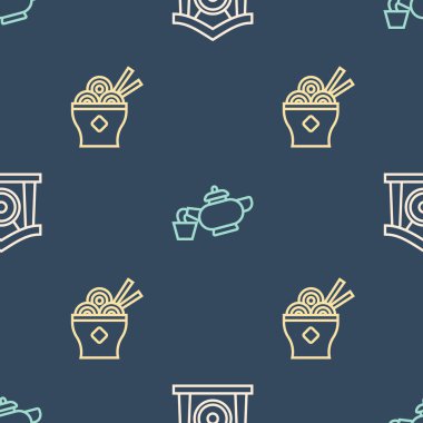 Sıra Gong müzik aleti, Asya erişte kasesi ve Çin çay seremonisi. Vektör