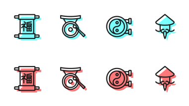 Yin Yang sembolü, Çin Yeni Yılı, Gong müzik aleti ve Asyalı ya da konik hasır şapka ikonu. Vektör