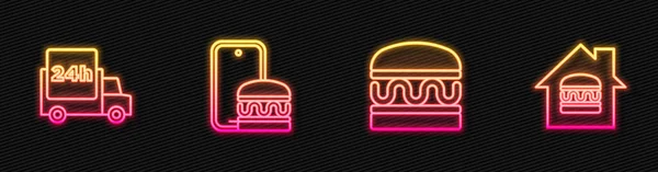 Встановити Лінію Burger Швидка Доставка Автомобілем Онлайн Замовлення Сяючий Неоновий — стоковий вектор