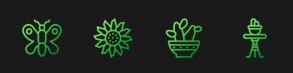 Définir Ligne Cactus Peyote Pot Papillon Fleur Plante Sur Table — Image vectorielle