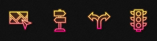 Установите Дорожный Знак Навигацию Карте Города Светофор Светящаяся Неоновая Икона — стоковый вектор