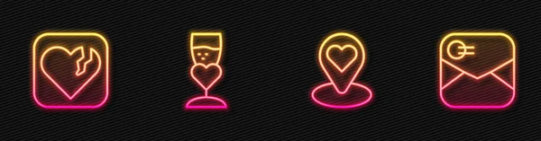 设线位置与心脏 破碎或离婚 一杯香槟和信封瓦伦丁 发光的霓虹灯图标 — 图库矢量图片