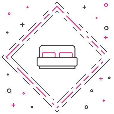 Line Otel odası yatak ikonu beyaz arkaplanda izole edildi. Renkli taslak konsepti. Vektör