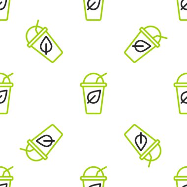 Line Cup of tea with leaf icon isolated seamless pattern on white background. Sweet natural food.  Vector