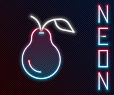 Parlayan neon hattı Pear simgesi siyah arkaplanda izole edildi. Yaprak sembollü meyve. Renkli taslak konsepti. Vektör