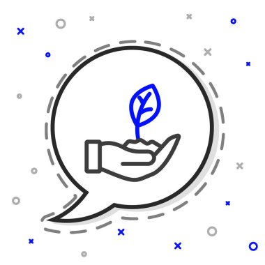 Çevre koruma ikonunun elinde bulunan Hat Tesisi beyaz arka planda izole edildi. Tohum ve tohum. Fidan dikiyorum. Renkli taslak konsepti. Vektör