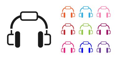 Siyah kulaklık simgesi beyaz arkaplanda izole edilmiş. Kulaklıklar. Müzik, hizmet, iletişim ve operatör konsepti. Simgeleri renklendirin. Vektör.